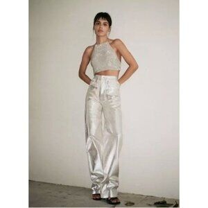 ZARA MID-RISE BOYFIT Painted straight leg JEANS  Metallic Silver sz‎ 4